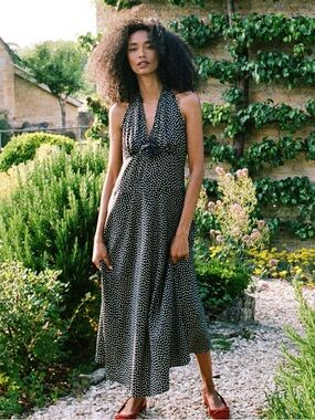 Doen Black Polka Dot Halter Midi Dress | Mazarin Camille Dot | Size L
